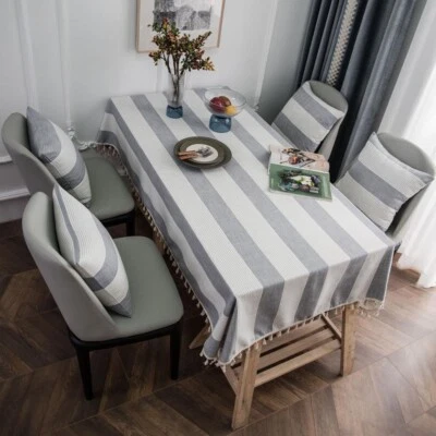 Rectangle Stripe Tassel Tablecloth Dinner Party Table Cloth Cover Kitchen Dining - Image 1 of 4
