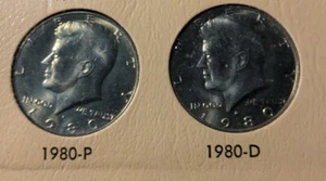 1980 P y 1980 D Kennedy medio dólar BU SIN CIRCULAR DE ROLLO (2 MONEDAS) - Imagen 1 de 2