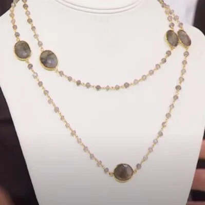 Collar de 36" estación de labradorita azul verdoso revestido de oro de plata de ley rarezas Foto 1 de 4