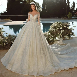 Lace Full Sleeves Ball Gown Wedding Dresses Illusion Neck Beading 2024 - Picture 1 of 5