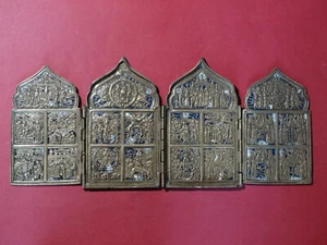 Reiseikone Ikone Rußland Bronze vierteilig Christus Heilige ~ 1890 email - Bild 1 von 6