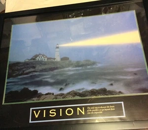 Houses And Lighthouse On The Sea Print In Plastic Frame 24” X 30 Black - Picture 1 of 11