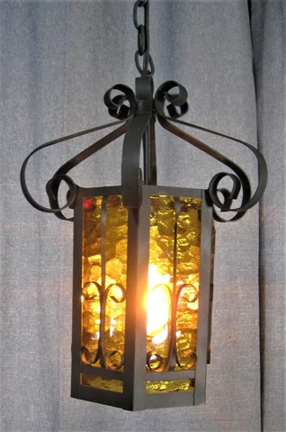 Spanish Style Pendant Light Decorative Ironwork Hammered Amber Glass Restored Cover