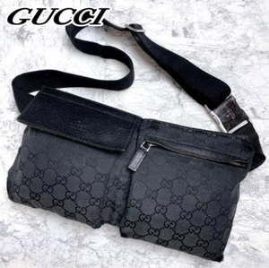 GUCCI GG Canvas Leather Waist Belt Bag Black Body Pouch Double Pocket Unisex - Picture 1 of 10