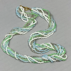 Torsade Twist Necklace Blue Green White Glass Seed Beads Layered Collar 18" - Picture 1 of 12