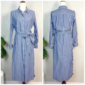 J.CREW Women Size 10 Striped Cotton Blue White Long-Sleeve Button-Up Shirtdress - Picture 1 of 14