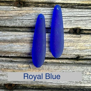 2 Pieces Cultured Sea Glass Long Teardrop Beads Drilled - 38x10mm Royal Blue - Picture 1 of 5