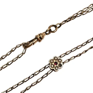 Vintage Victorian Gold Filled Watch Chain | Seed Pearl & Granat Slider Necklace - Bild 1 von 4
