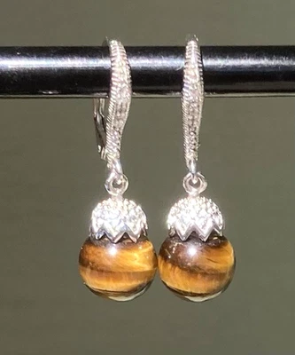 Joseph Espisito Tiger’s Eye, Sterling Silver & CZ Lever Back Earrings - Image 1 of 4