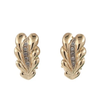 Diamond Floral J Hoop Earrings 14K Yellow Gold 0.12 TW Omega Backs 0.50" Ladies - Image 1 of 4