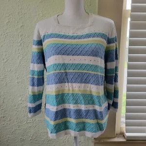 Alfred Dunner Womens Sweater Size M Blue Green Striped Long Sleeve Square Neck - Picture 1 of 8
