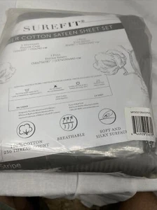 FULL  Surefit Premier Cotton Sateen Sheet Set, 230 TC Grey Stripe NEW SEALED - Picture 1 of 11
