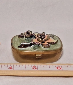 Enamel Pill Box Swarovski Crystals Flower Green Gold Pink Argento SC Augusta  - Picture 1 of 6