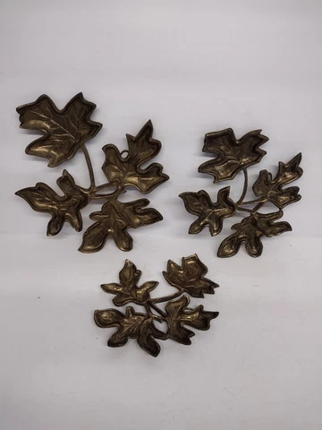 3 Vintage Solid Brass Maple Leaves Wall Hanging made In India Heavy MCM 5"6"8" Cover