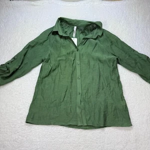 NY Collection shirt womens large green Button Down Tunic Top Roll Tab Sleeve - Picture 1 of 8
