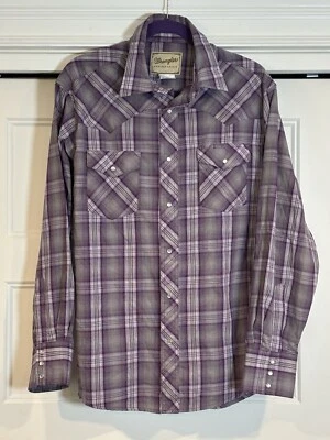 Camisa Western Wrangler Manga Larga Perla A Presión Para Hombres L Púrpura Gris Vaquero a Cuadros Foto 1 de 4