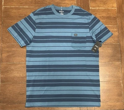 Men’s Rvca Size M Malone Blue Stripe Crew SS T Shirt NWT - Image 1 of 4