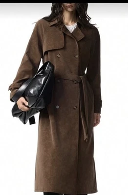 NUEVA CHAQUETA GABARDINA LARGA ALICE OLIVIA MARRÓN CHOCOLATE GAMUZA MAXK LONGLINE S Foto 1 de 2