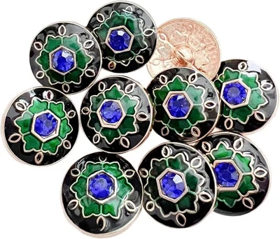10PC 22mm Blue Gemstone Enamel Gold Metal Buttons for Clothing, Jeans, Crafts - Image 1 of 4