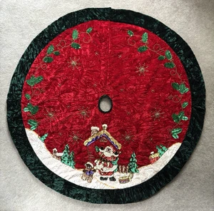 Red Velvet Sequins & Beads Santa Christmas Tree Skirt Satin Back 47" Diameter - Picture 1 of 7