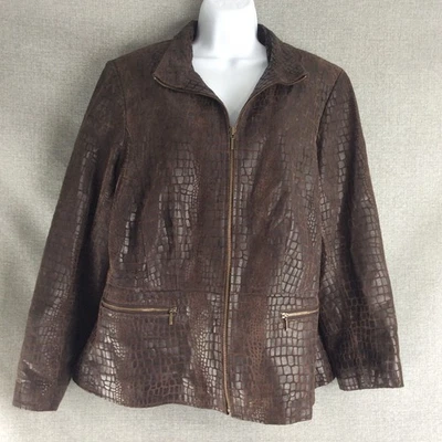 Женщин кожаный блейзер куртка коричневый выбитый крокодила мотоциклиста молнии Alfani Sz 1 X - Изображение 1 из 4
