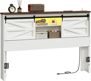 Queen Headboard Only for Bedroom Wooden Bookcase Headboard w/ Charging Station - Picture 1 of 9
