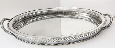 Bandeja de galería antigua plateada sobre cobre asas con patas. Perforado y Gadroon 12x19,5" Foto 1 de 4