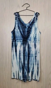 GLORIA VANDERBILT Marcella Sleeveless V-Neck Sun Dress Size L Blue White Tie Dye - Picture 1 of 11