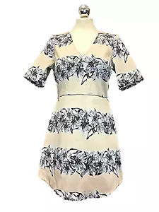Stretch Cream and Grey Satin V Neck A line Mini Dress Short Sleeves - Size 12 - Picture 1 of 9