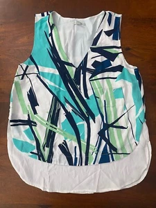 Halogen Geometric Print Blouse Tank Top Size M Teal Blue Preown - Picture 1 of 6