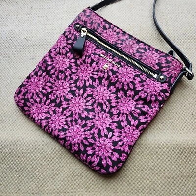 Michael Kors Black Gold Pink Floral Kelsey Crossbody Bag Purse Boho Cottagecore - Image 1 of 4