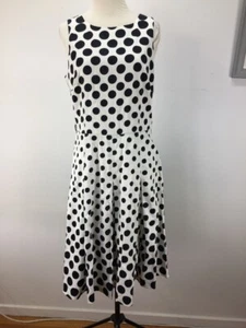 LAURA ASHLEY SIZE 10 WOMENS WHITE BLACK POLKA DOT FIT FLARE DRESS STRETCH KNEE - Picture 1 of 11