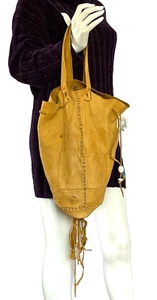 1970's-80's HANDMADE TOTE BAG~Soft Yellow Deer Skin TWO HANDLE Hobo Bag 14"x13" - Picture 1 of 11