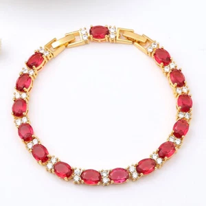 New Xmas Jewelry Fire Red Garnet Oval Gemstone K Gold Charm Women Girl Bracelet - Picture 1 of 15