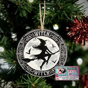 Black & White Witch Wooden Ornament or Gift Tag With Jute Hanger - Picture 1 of 2