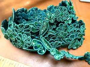 embroidered appliques hand sewn 3/4x2" flower beads sequins 1/2y 9apps emerald - Picture 1 of 4