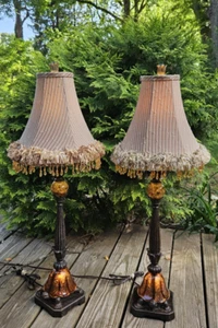 WOW! 2 RARE Vintage Amber Turtle Base Buffet Candlestick Table Lamps FREESHIP - Picture 1 of 24