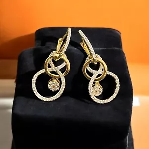 Stunning 1.25 Cts Round Brilliant Cut Diamonds Dangle Earrings 18K Yellow Gold - Picture 1 of 18