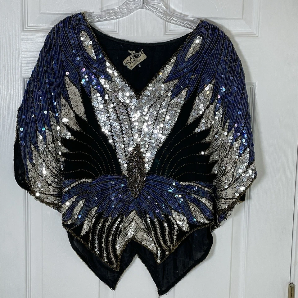 Top Scala Vintage Seda Lentejuelas Cuentas Mariposa Azul Plata Negro Años 70 80 Rocker Foto 1 de 4