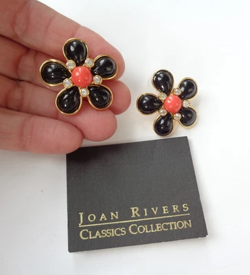 Joan Rivers Gold Tone Black Salmon Color Lucite Rhinestone Flower Earrings - Image 1 of 4