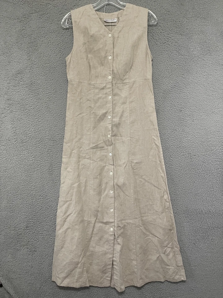 Vestido sin mangas Valerie Stevens de lino puro tostado caqui talla PS pequeño abotonado Foto 1 de 4