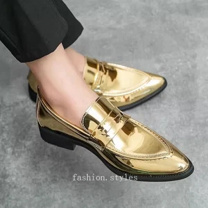 Men's Dress Leather Formal Shoes Slip on Boy Loafers Flats Pointed Toe Plus Size - Picture 1 of 22