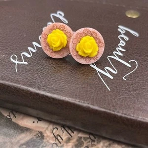Handmade Yellow Rose Pink Button Earring Studs Unique - Picture 1 of 10