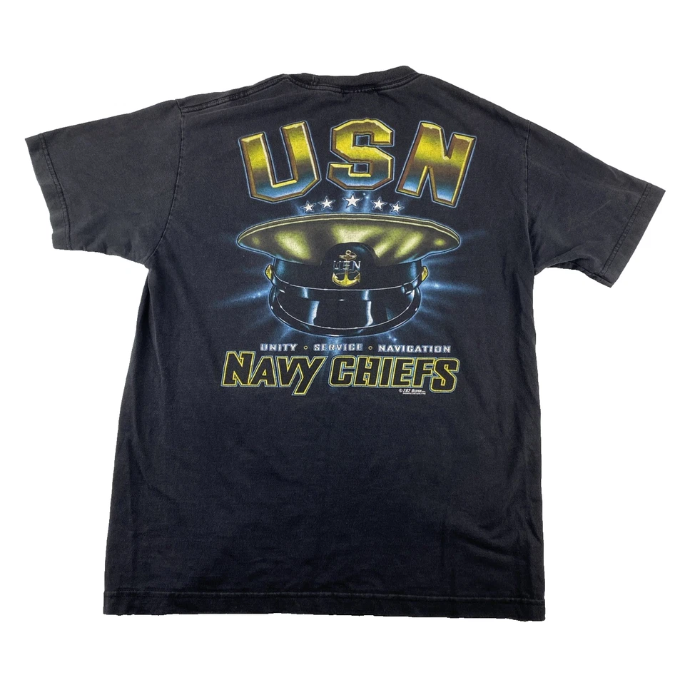Camiseta Vintage-USN NAVY Chiefs Med-Negro-100% Algodón-Militar Hecha en EE. UU. LEER Foto 1 de 4