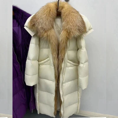 Winter Real Fox Fur Collar Thicken Down Jacket Long Coat Womens Warm Overcoat sz - Image 1 of 4