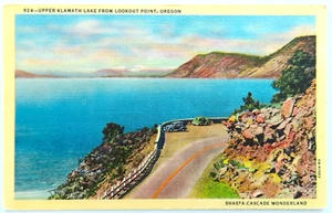 Klamath Lake Oregon Lookout Point Postcard Vintage Linen Old Car Road Mt Shasta - Picture 1 of 2