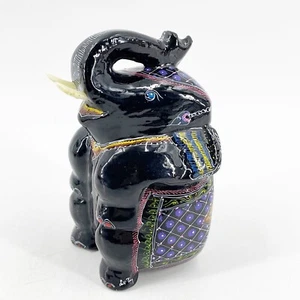 Hand Painted Wood Black Lacquer Sitting Elephant Figurine with Tusks Trunk Up  - Picture 1 of 6