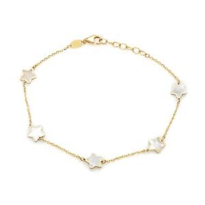14K Solid Yellow Mother Of Pearl  Star Station Bracelet