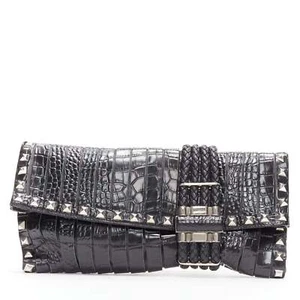 JIMMY CHOO Chandra black croc embossed studs woven magnet clasp clutch bag - Picture 1 of 7