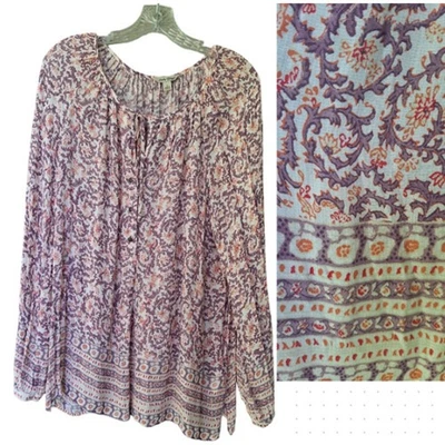 Lucky Brand Boho Peasant Casual Long Sleeves Tunic Top Purple Orange Tie front L - Image 1 of 4
